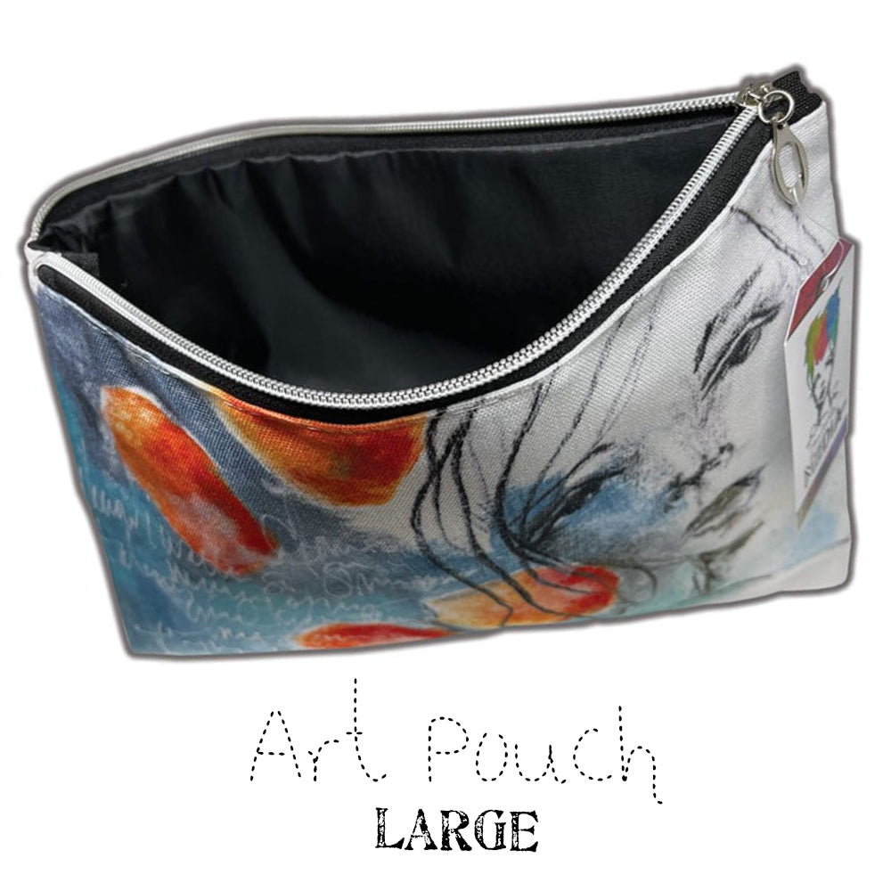 Art Pouch - Large ... Canvas Storage Case - by Dina Wakley MEdia. Printed canvas storage pouch, lined in black fabric with metal zipper and oval shaped pull-tag. Beautiful accessory pouch or pencil case, 9 1/2" x 12" wide. Image of the brush storage case featuring mindful artwork of woman or girl in inky outlines on blue abstract background. Photo of the open Art Pouch.