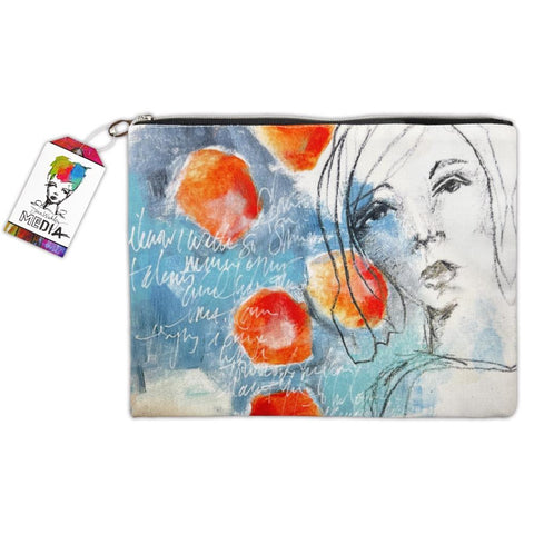 Art Pouch - Large ... Canvas Storage Case - by Dina Wakley MEdia. Printed canvas storage pouch, lined in black fabric with metal zipper and oval shaped pull-tag. Beautiful accessory pouch or pencil case, 9 1/2" x 12" wide. Image of the brush storage case featuring mindful artwork of woman or girl in inky outlines on blue abstract background.