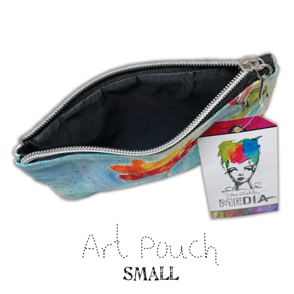 Art Pouch - Small ... Canvas Storage Case - by Dina Wakley MEdia. Printed canvas storage pouch, lined in black fabric with metal zipper and oval shaped pull-tag. Beautiful accessory pouch or pencil case, 4 1/2" x 7" wide. Photo of the open Art Pouch. 