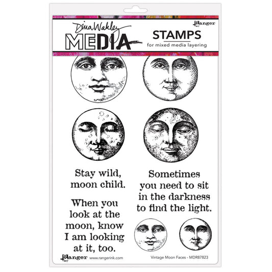 Vintage Moon Faces - Dina Wakley MEdia ... Cling Mounted Red Rubber Stamps in 7 (seven) designs (MDR87823).
Enjoy a wonderful crafty time using these beautiful stamps to create more art. Designed by Dina Wakley, this set includes 6 (six) round moon faces in 2 (two) sizes inspired by vintage illustrations from years gone by. With these wonderful faces are mindful sayings in a traditional serif typeface (like Times Roman).