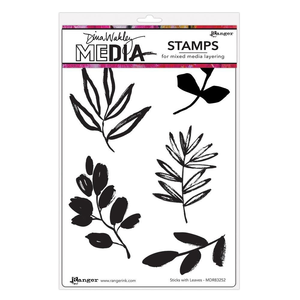 Sticks with Leaves - Stamps by Dina Wakley MEdia ... red rubber stamps mounted with cling foam, featuring illustrations of leafy twigs. Set of 5 (five) designs (MDR83252) for use in papercrafts, stamping, journaling, mixed media, visual arts.