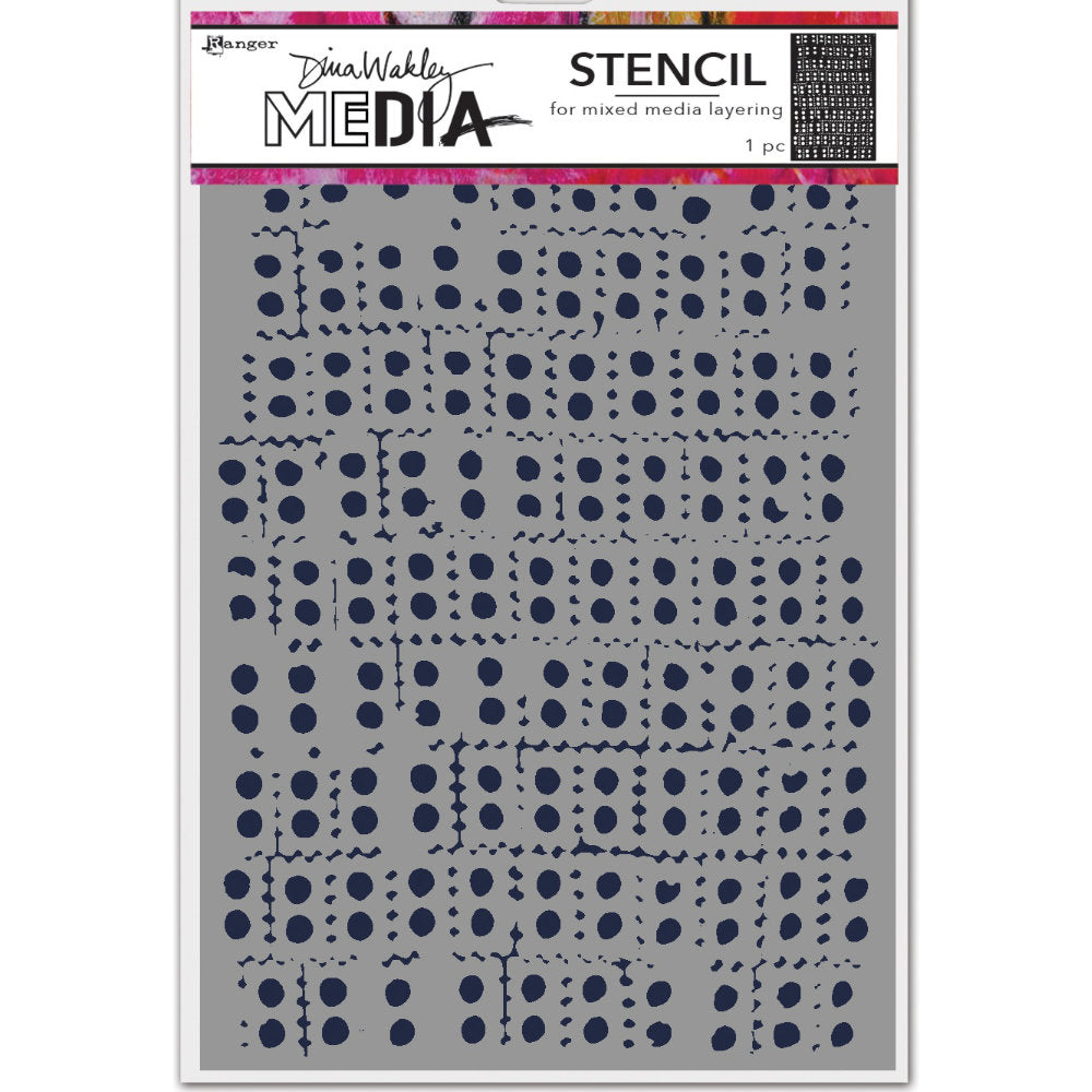 Stacked - Dina Wakley MEdia and Ranger ... Stencil for layering colour, texture and patterns in mixed media, visual arts and papercrafts (MDS83122). 1 (one) stencil featuring rows of double holes with wobbly straight lines around each pair, 6"x9".  Layer this wonderful original design by Dina Wakley onto your next arty project. This stencil features dotty lines and rows of spots, appearing to be stacked holey bricks balanced on top of each other, over the whole area.
