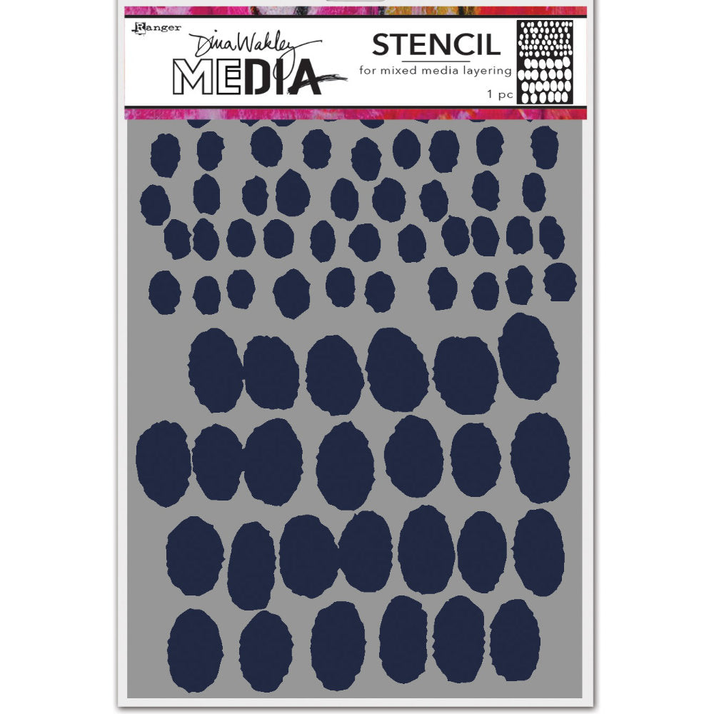 Varied - Dina Wakley MEdia and Ranger ... Stencil for layering colour, texture and patterns in mixed media, visual arts and papercrafts (MDS83154). 1 (one) stencil featuring rugged ovals in various sizes, 6"x9".  Layer this wonderful original design by Dina Wakley onto your next arty project. This stencil features round inky splotchy circles in 2 sizes gathered together over the whole area. 