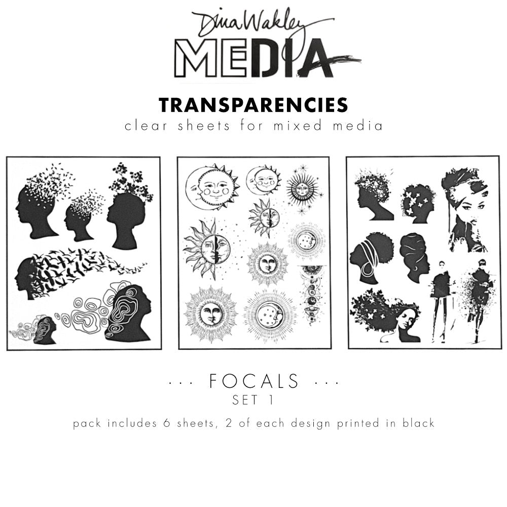 Focals (set 1) - Transparencies ... by Dina Wakley MEdia and Ranger. 6 (six) sheets of clear film printed with black designs, 8.5" x 10.75" in size. Use for creative collage, journaling, bookmaking, scrapbooking, mixed media and other visual arts. Dina Wakley MEdia Transparencies include 6 sheets of clear acetate or plastic film printed with 3 (three) designs featuring beautiful silhouettes and focal points for artwork. There are 2 (two) of each design.