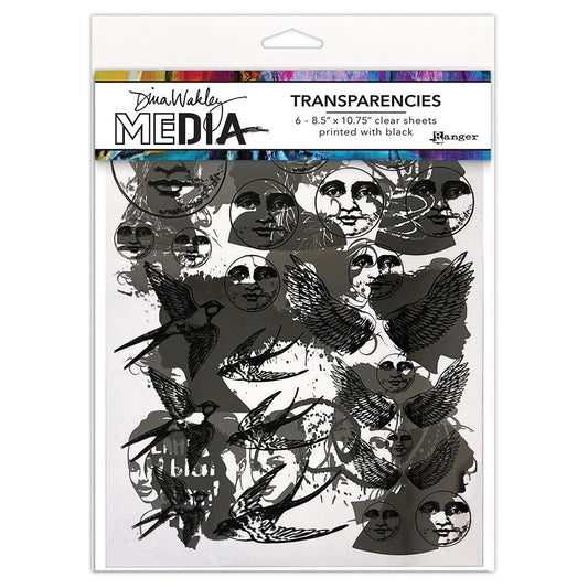 Focals (set 2) - Transparencies ... by Dina Wakley MEdia and Ranger. 6 (six) sheets of clear film printed with black designs, 8.5" x 10.75" in size. Use for creative collage, journaling, bookmaking, scrapbooking, mixed media and other visual arts. Dina Wakley MEdia Transparencies include 6 sheets with a variety of designs on each sheet. Designs are of beautiful silhouettes and focal points for artwork - peaceful moon faces, swallows flying, angel wings, and portraits with artistic flair. MDA82828
