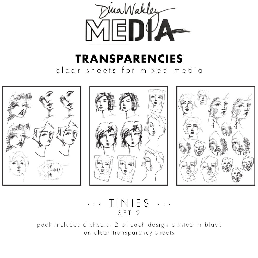 Tinies (set 2) - Transparencies ... by Dina Wakley MEdia and Ranger. 6 (six) sheets of clear film printed with black designs, 8.5" x 10.75" in size. Use for creative collage, journaling, bookmaking, scrapbooking, mixed media and other visual arts. Dina Wakley MEdia Transparencies include 6 sheets of clear acetate or plastic film printed with 3 (three) designs featuring beautiful portraits of people in lots of little sizes. There are 2 (two) of each design.