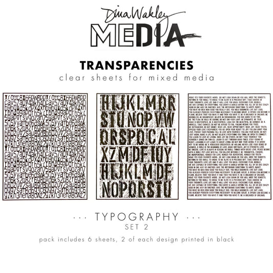 examples of Typography (set 2) - Transparencies ... by Dina Wakley MEdia and Ranger. 6 (six) sheets of clear film printed with black designs featuring words, phrases, text, alphabetical artwork, 8.5" x 10.75" in size. Use for creative collage, journaling, bookmaking, scrapbooking, mixed media and other visual arts. MDA82668