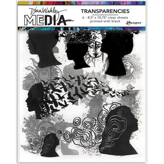 Focals (set 1) - Transparencies ... by Dina Wakley MEdia and Ranger. 6 (six) sheets of clear film printed with black designs, 8.5" x 10.75" in size. Use for creative collage, journaling, bookmaking, scrapbooking, mixed media and other visual arts.   Dina Wakley MEdia Transparencies include 6 sheets of clear acetate or plastic film printed with 3 (three) designs featuring beautiful silhouettes and focal points for artwork. There are 2 (two) of each design.