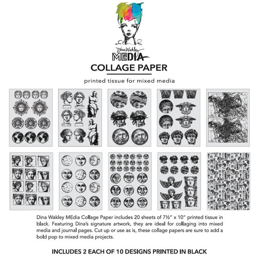 Antiquities - Collage Tissue Paper by Dina Wakley MEdia and Ranger - white lightweight tissue paper with black prints. Designs in this pack of paper tissue include vintage moon faces (in full, smiley, sleepy and crescent styles), our Earth, goddess faces and statues, masked faces, winged angels, collage designs and more.