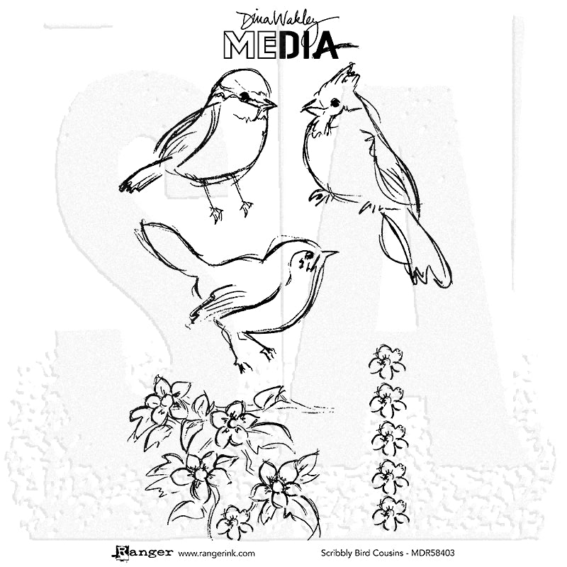 Scribbly Bird Cousins - Dina Wakley MEdia ... Cling Mounted Red Rubber Stamps. A pretty set of feathered friends and floral elements. 5 (five) designs (MDR58403).
This set includes beautiful birds and flowers... the birds are sitting or perched, the floral designs are pretties in a row and a block of flowers and leaves.
Use these gorgeous illustrations to create art in journals, cards, scrapbooks, junk journals, altered books, on scrap paper ... they love to play with inks, paints and crafty supplies
