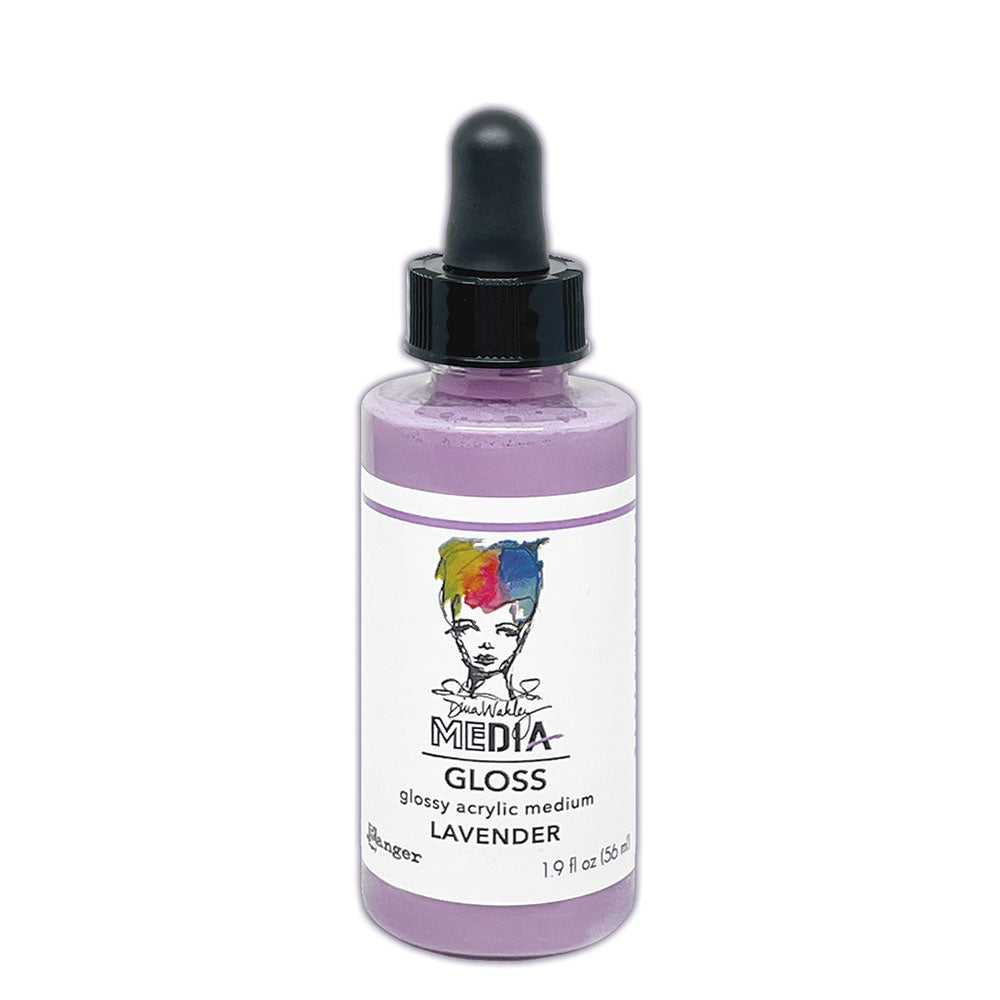 Lavender, pastel purple - Glossy Acrylic Medium by Dina Wakley MEdia and Ranger. Each bottle holds 1.9 fl oz (56ml) of watersoluble acrylic paint with the viscosity of thick ink that dries to a smooth opaque, gloss permanent finish on most surfaces. Spray, drip, splatter, pour, spill, paint or dabble onto all your creations - mixed media, cards, art Journals, through stencils, over masks, onto Chipboard Shapes, artboards and other surfaces.