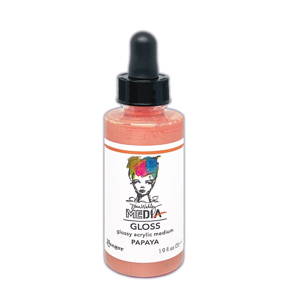 Papaya, peachy light orange - Glossy Acrylic Medium by Dina Wakley MEdia and Ranger. Each bottle holds 1.9 fl oz (56ml) of watersoluble acrylic paint with the viscosity of thick ink that dries to a smooth opaque, gloss permanent finish on most surfaces. Spray, drip, splatter, pour, spill, paint or dabble onto all your creations - mixed media, cards, art Journals, through stencils, over masks, onto Chipboard Shapes, artboards and other surfaces.