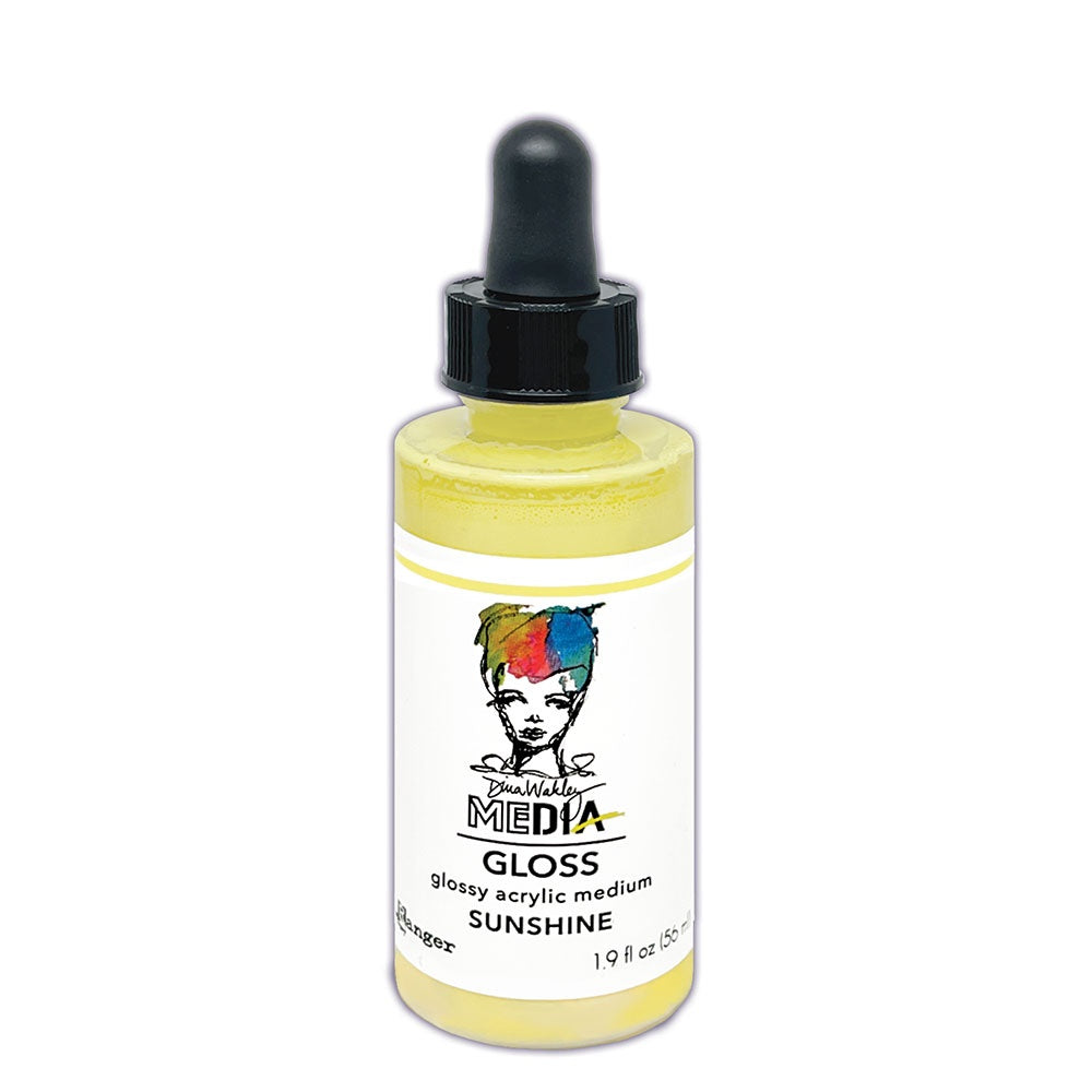 Sunshine, pale clean yellow - Glossy Acrylic Medium by Dina Wakley MEdia and Ranger. Each bottle holds 1.9 fl oz (56ml) of watersoluble acrylic paint with the viscosity of thick ink that dries to a smooth opaque, gloss permanent finish on most surfaces. Spray, drip, splatter, pour, spill, paint or dabble onto all your creations - mixed media, cards, art Journals, through stencils, over masks, onto Chipboard Shapes, artboards and other surfaces.