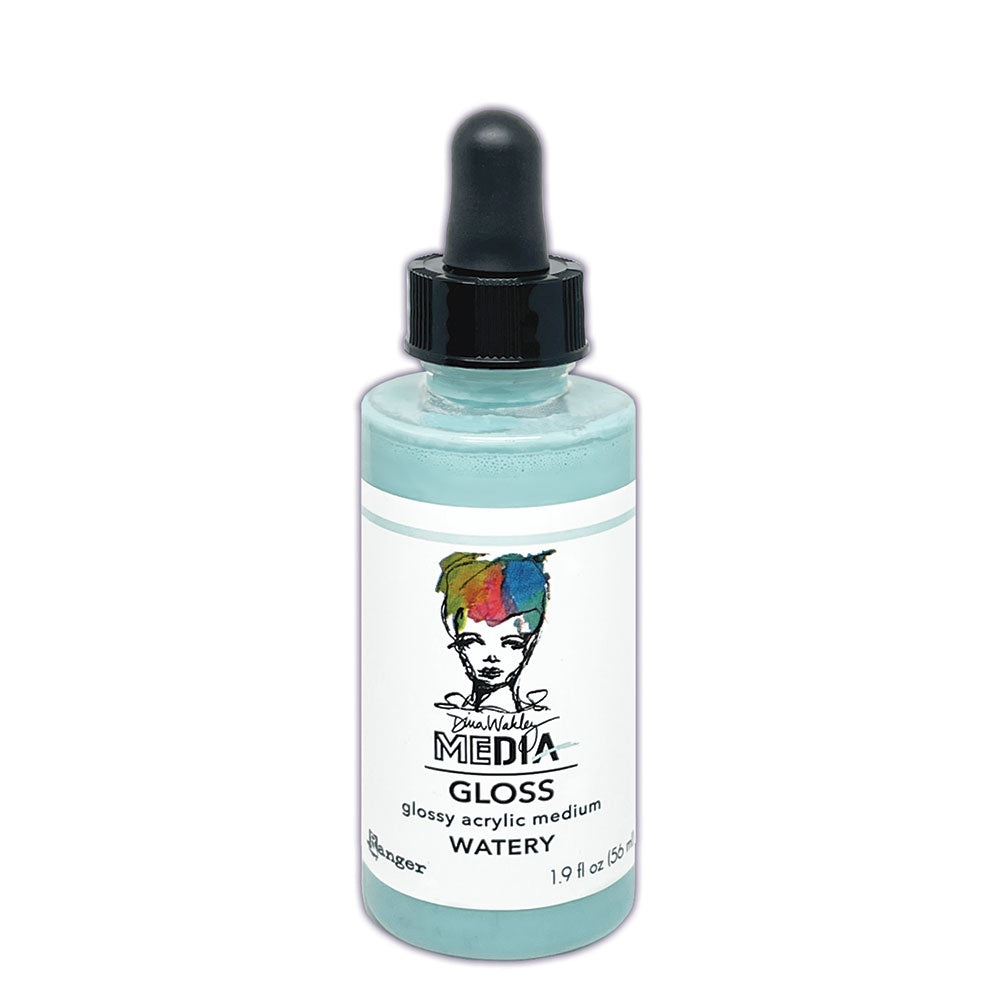 Watery, pastel pale blue - Glossy Acrylic Medium by Dina Wakley MEdia and Ranger. Each bottle holds 1.9 fl oz (56ml) of watersoluble acrylic paint with the viscosity of thick ink that dries to a smooth opaque, gloss permanent finish on most surfaces. Spray, drip, splatter, pour, spill, paint or dabble onto all your creations - mixed media, cards, art Journals, through stencils, over masks, onto Chipboard Shapes, artboards and other surfaces.