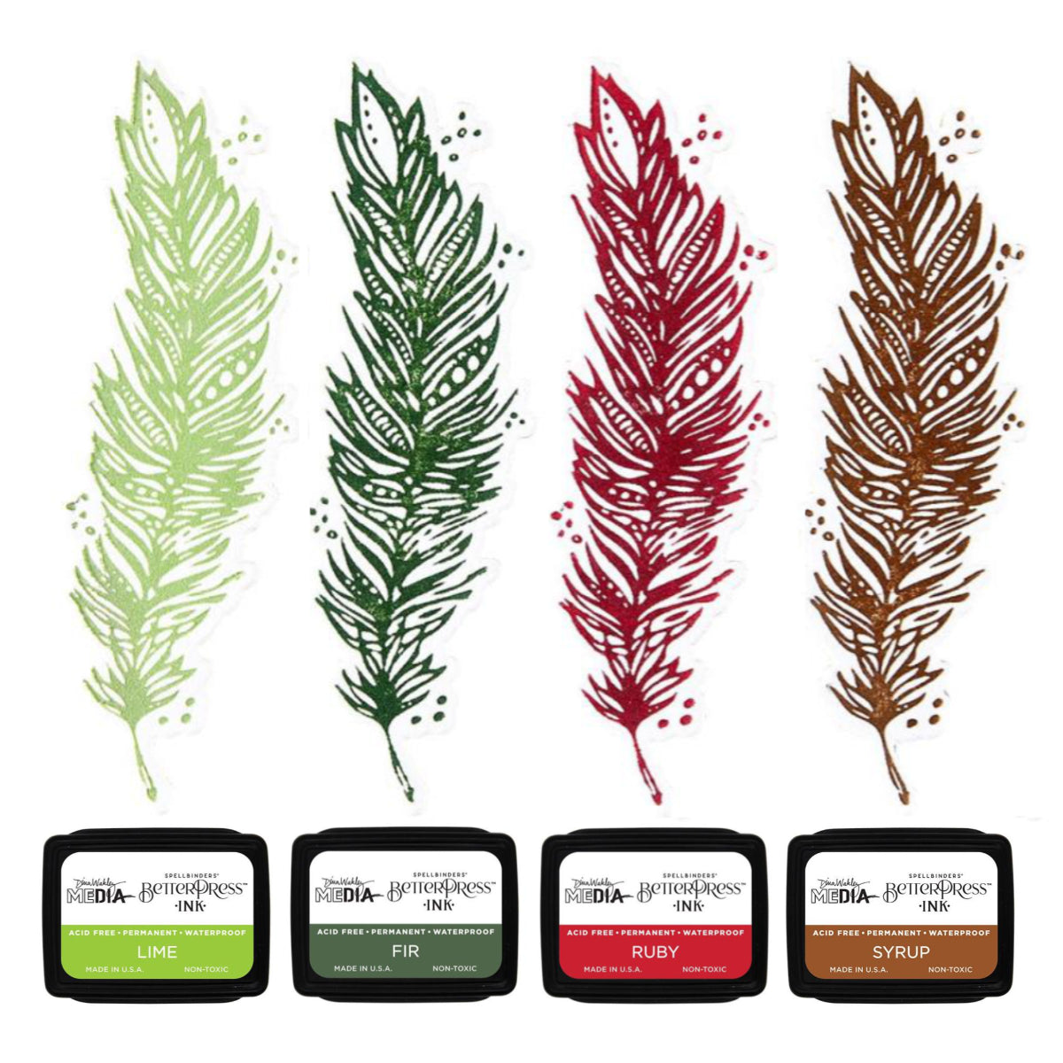 Festive - BPI059 . Dina Wakley MEdia Mini Ink Pad Set of 4 (four) colours - Fir, Ruby, Lime, Syrup (one of each). Dina Wakley's BetterPress inks are a specially formulated slow drying Archival Ink made by Ranger for Dina and Spellbinders Paper Arts. The BetterPress ink is a wetter and slower drying ink, giving you more time to layer and print with BetterPress metal plates and etched dies. Image with feathers in the colours of the ink.