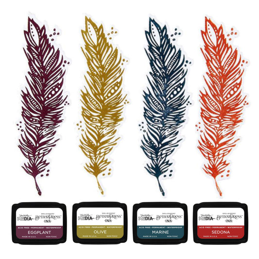Earthy - BPI054 . Dina Wakley MEdia Mini Ink Pad Set of 4 (four) colours - Sedona, Olive, Eggplant, Marine (one of each). Dina Wakley's BetterPress inks are a specially formulated slow drying Archival Ink made by Ranger for Dina and Spellbinders Paper Arts. The BetterPress ink is a wetter and slower drying ink, giving you more time to layer and print with BetterPress metal plates and etched dies. Image of feathers in the four colours.
