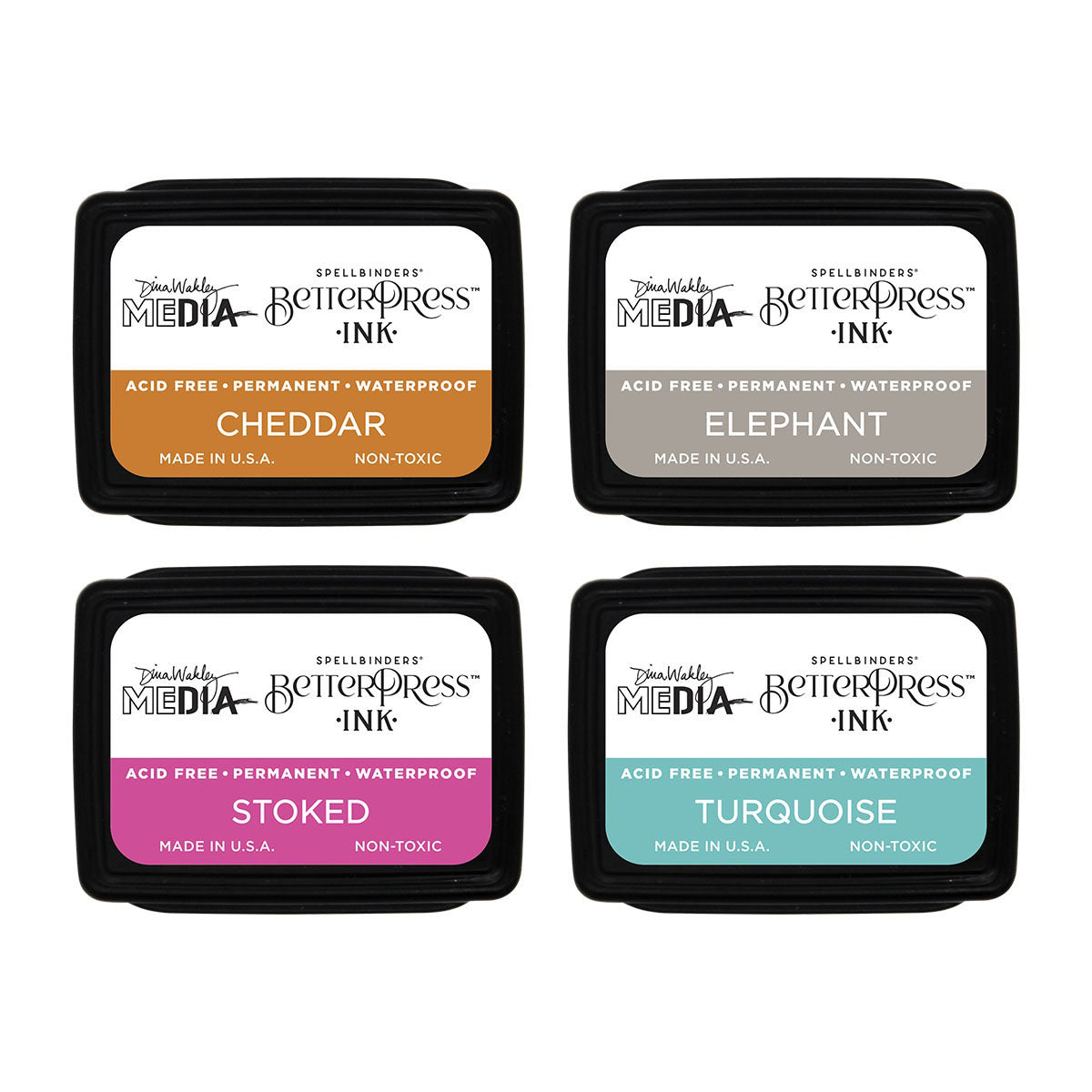 Dina's Faves, BetterPress Mini Ink Pad Set - Dina Wakley MEdia BetterPress Mini Ink Pads ... designed with Spellbinders, made by Ranger. Set of 4 (four) colours - Cheddar, Elephant, Stoked, Turquoise (one of each). These inks are a specially formulated medium made by Ranger for the Spellbinders Paper Arts BetterPress range of inks. The BetterPress ink contains all the features of Ranger's Archival Ink, plus is a wetter and slower drying ink, giving you more time to layer and print. Pack of 4.