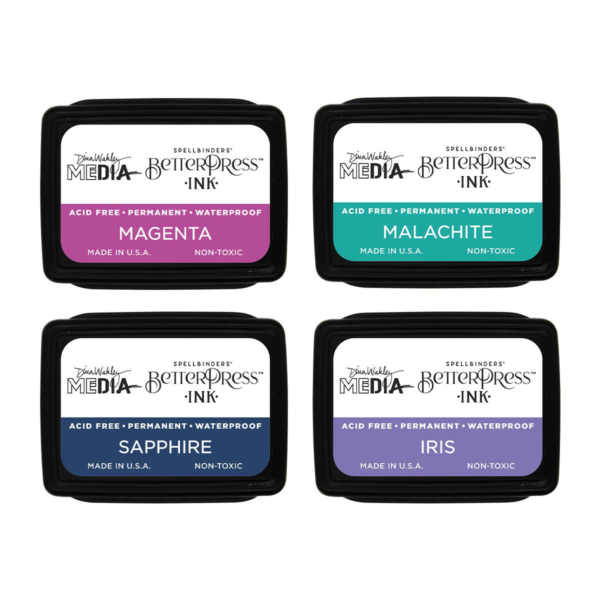 Happy, BetterPress Mini Ink Pad Set - Dina Wakley MEdia BetterPress Mini Ink Pads ... designed with Spellbinders, made by Ranger. Set of 4 (four) colours - Magenta, Malachite, Sapphire, Iris (one of each). Dina Wakley's Mini Ink Pads are a specially formulated inks made by Ranger for the Spellbinders Paper Arts BetterPress range of stamp pads. The BetterPress ink contains all the features of Ranger's Archival Ink, plus is a wetter and slower drying ink, giving you more time to print. Pack of 4.
