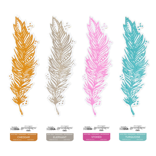 BetterPress Inks by Dina Wakley MEdia ... designed with Spellbinders, made by Ranger. Sampled image of 4 (four) colours (left to right) : Cheddar, Elephant, Stoked, Turquoise. Dina Wakley's BetterPress Inks are a specially formulated medium created by Ranger for the Spellbinders Paper Arts BetterPress range of papercrafting supplies. The BetterPress ink contains all the features of Ranger's Archival Ink, plus is a wetter and slower drying ink, giving you more time to print. Image of Feather Samples.