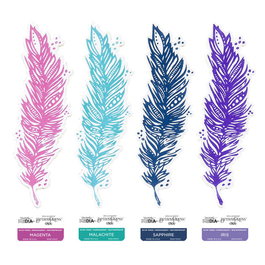 BetterPress Inks by Dina Wakley MEdia ... designed with Spellbinders, made by Ranger. Sampled image of 4 (four) colours (left to right) : Magenta, Malachite, Sapphire, Iris. Dina Wakley's BetterPress Inks are a specially formulated medium created by Ranger for the Spellbinders Paper Arts BetterPress range of papercrafting supplies. The BetterPress ink contains all the features of Ranger's Archival Ink, plus is a wetter and slower drying ink, giving you more time to print. Image of Feather Samples.