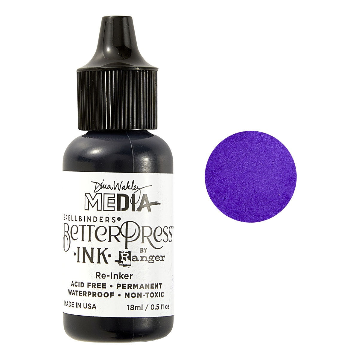 BetterPress Inks by Dina Wakley MEdia designed with Spellbinders, made by Ranger, available in Mini Ink Pads and Reinkers. Dina Wakley's Inks are a specially formulated medium made by Ranger for the Spellbinders Paper Arts BetterPress range of papercrafting supplies, has all the permanent and versatile features of Ranger's Archival Ink, plus is a wetter and slower drying ink, giving you more time to print. Image of Circle swatch next to the bottle of Iris, purple.