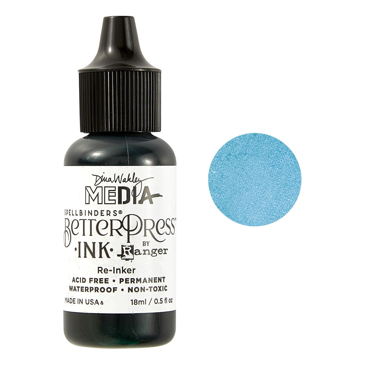 BetterPress Inks by Dina Wakley MEdia designed with Spellbinders, made by Ranger, available in Mini Ink Pads and Reinkers. Dina Wakley's Inks are a specially formulated medium made by Ranger for the Spellbinders Paper Arts BetterPress range of papercrafting supplies, has all the permanent and versatile features of Ranger's Archival Ink, plus is a wetter and slower drying ink, giving you more time to print. Image of Circle swatch next to the bottle of Turquoise, sea blue.