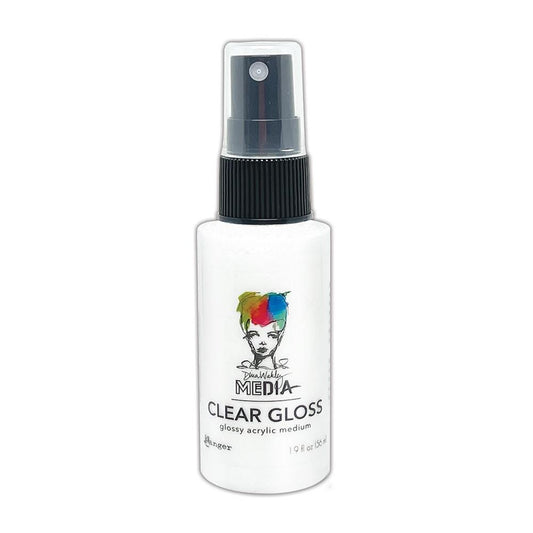 Gloss Acrylic Medium - by Dina Wakley MEdia and Ranger Ink ... A clear glossy medium to use as a resist, sealer and decoration for arts and crafts, permanent on porous surfaces. Bottle contains 1.9 fl oz (56ml) with a fine spraying nozzle.
Dina Wakley MEdia's Clear Glossy works as a resist, sealer and decoration for arts and crafts. This fluid medium sprays evenly and dries to a smooth glossy finish, permanent on porous surfaces.