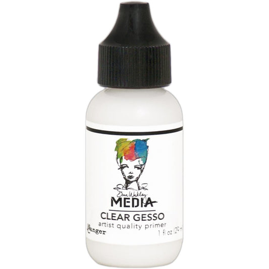 Clear Gesso - Dina Wakley MEdia ... artist quality primer for preparing surfaces for painting, mixed media and visual arts. 1 (one) bottle with  a fine tip nozzle, 1 fl oz (29ml). Made by Ranger.   Ranger's Dina Wakley MEdia's artist quality Clear Gesso (also called grounds or primer) is a thick consistency, made of an acrylic base that is water soluble when wet. This quick drying gesso dries flexible and transparent with a toothy finish.