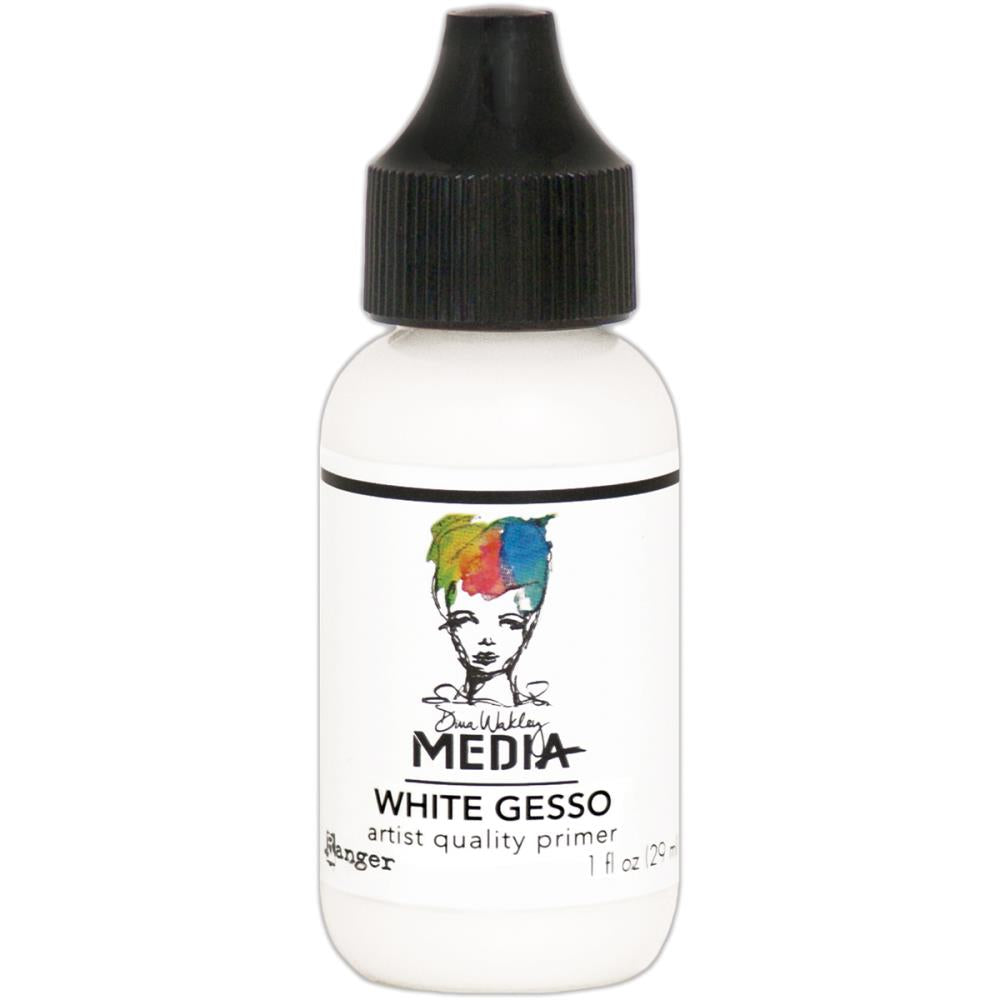White Gesso - Dina Wakley MEdia ... artist quality opaque white primer for preparing surfaces for painting, mixed media and visual arts. 1 (one) bottle with  a fine tip nozzle, 1 fl oz (29ml). Made by Ranger.   Ranger's Dina Wakley MEdia's artist quality White Gesso (also called grounds or primer) is a thick consistency, made of an acrylic base that is water soluble when wet. This quick drying gesso dries flexible and opaque with a toothy finish.