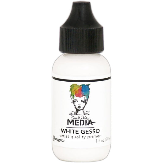 White Gesso - Dina Wakley MEdia ... artist quality opaque white primer for preparing surfaces for painting, mixed media and visual arts. 1 (one) bottle with  a fine tip nozzle, 1 fl oz (29ml). Made by Ranger.   Ranger's Dina Wakley MEdia's artist quality White Gesso (also called grounds or primer) is a thick consistency, made of an acrylic base that is water soluble when wet. This quick drying gesso dries flexible and opaque with a toothy finish.