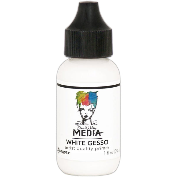 White Gesso - Dina Wakley MEdia ... artist quality opaque white primer for preparing surfaces for painting, mixed media and visual arts. 1 (one) bottle with  a fine tip nozzle, 1 fl oz (29ml). Made by Ranger.   Ranger's Dina Wakley MEdia's artist quality White Gesso (also called grounds or primer) is a thick consistency, made of an acrylic base that is water soluble when wet. This quick drying gesso dries flexible and opaque with a toothy finish. 