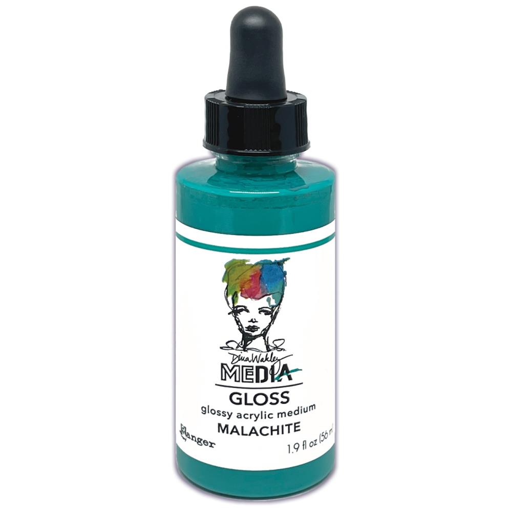 Malachite (green blue) - Gloss Acrylic Medium by Dina Wakley MEdia and Ranger. Each bottle holds 1.9 fl oz (56ml) of colourful fluid paint with the viscosity of thick opaque ink that dries to a smooth finish. Spray, pour, spill, paint or dabble onto all your creations - mixed media, cards, art Journals, through stencils, over masks, onto Chipboard Shapes, artboards and other surfaces.