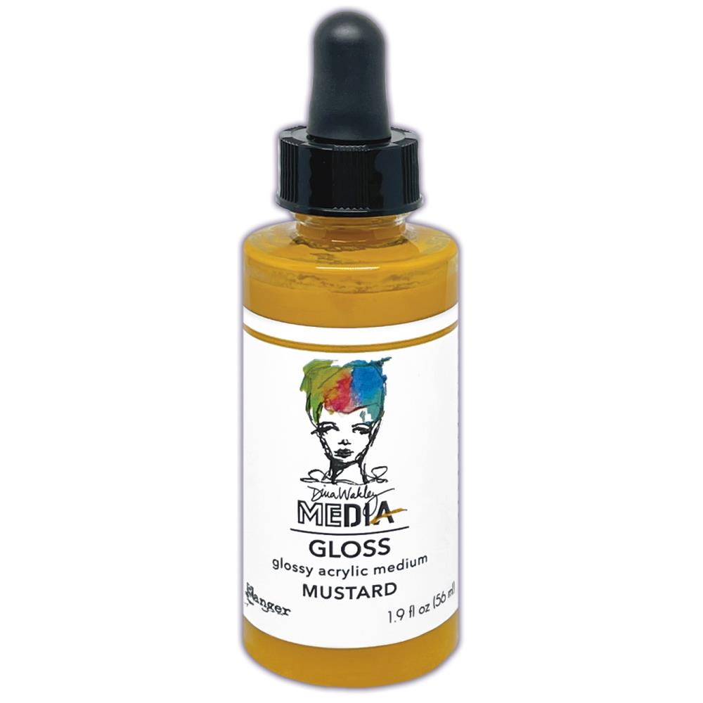 Mustard (earthy yellow) - Gloss Acrylic Medium by Dina Wakley MEdia and Ranger. Each bottle holds 1.9 fl oz (56ml) of colourful fluid paint with the viscosity of thick opaque ink that dries to a smooth finish. Spray, pour, spill, paint or dabble onto all your creations - mixed media, cards, art Journals, through stencils, over masks, onto Chipboard Shapes, artboards and other surfaces.