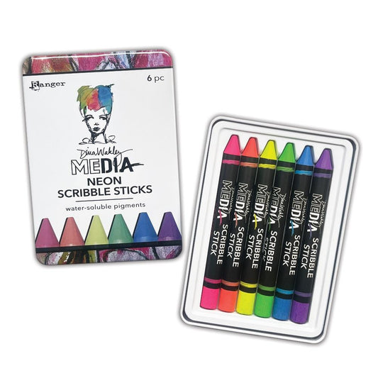 Ultra Bright Neon Colours - Dina Wakley MEdia and Ranger's Scribble Sticks are versatile, high quality pigments in the shape of a crayon, which sketch like hard pastels and are water-soluble like watercolour pencils. Use these gorgeous colours of scribble sticks to create watercolour backgrounds,  create bold, layered designs, doodles, making paint with water pages, colouring in, and making painterly marks everywhere.