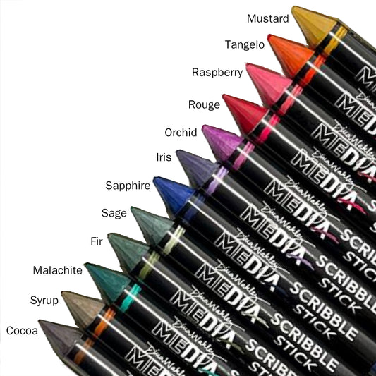 Scribble Sticks - Set 5 ... Dina Wakley MEdia. 12 (twelve) watersoluble crayon-pastel-pencil-sticks for us to use with visual arts, journaling, mixed media, papercrafts, scrapbooking, painting canvas and having a fabulous arty crafty painterly time. Dina Wakley's Scribble Sticks are a watersoluble mixed media medium in the shape of a crayon or short woodless pencil. These pastels are an acrylic based paint stick fused with high quality watersoluble pigments in vibrant opaque and semi-opaque colours.
