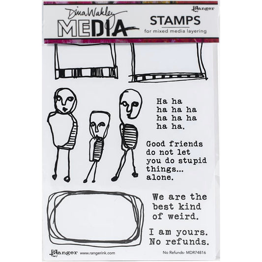 No Refunds - Stamps by Dina Wakley MEdia ... red rubber stamps featuring 3 people standing, 4 quotes and 3 frames. Set of 10 (ten) designs (MDR74816) for use in papercrafts, stamping, journaling, mixed media, visual arts. Dina Wakley MEdia rubber stamp set includes 3 people stamps, each illustrated in inky scribbly lines plus 3 rectangular frames, 1 with rounded corners and 4 quotes. The wise sayings or quotes are designed in a slab serif font, similar to a typewriter typestyle.