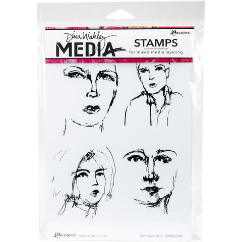 Sketched Faces - Stamps by Dina Wakley MEdia ... red rubber stamps featuring people in a loose sketchy style. Set of 4 (four) designs (MDR52838) for use in papercrafts, stamping, journaling, mixed media, visual arts.  Dina Wakley MEdia designed four people with kind appearances - two portraits of head and shoulders (one looking forwards with a slight tilt to the head, one looking to the right wearing a stylish bob) and two large faces looking forwards - ideal for adding a personal touch to your art.