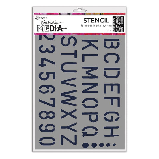 Old School Alpha - Stencil - Dina Wakley MEdia ... Rectangular stencil with cutout lettering an uppercase alphabet and numberals with a row of dots. Use for layering colour, texture and patterns in mixed media, visual arts and papercrafts. 1 (one) piece 6" x 9". 
Layer this fantastic pattern by Dina Wakley and add an alphabetical numerical pattern onto your artwork or use the individual characters to write your words, thoughts, quotes, numbers or codes.