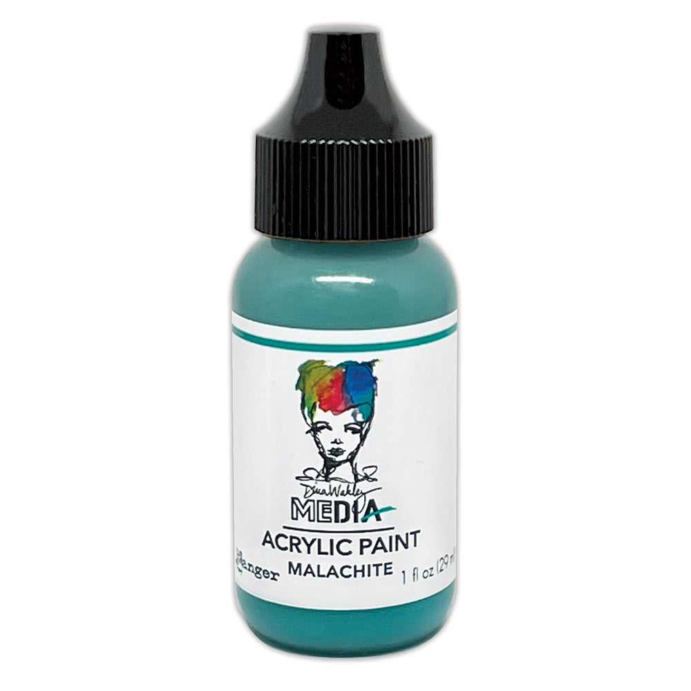 Malachite (blue green rock) - Acrylic Paint - Choose any 1 (one) colour ... by Dina Wakley MEdia and Ranger Ink. Each bottle holds 1 fl oz (29ml) of thick buttery acrylic paint and has a fine tipped nozzle for dotting, doodling, squeezing into a paint palette or squeezing out a drop onto a paint brush.   These beautiful paints by Dina Wakley MEdia are an opaque (gives good coverage) acrylic thick paint, richly pigmented artists quality paint, satin finish. 