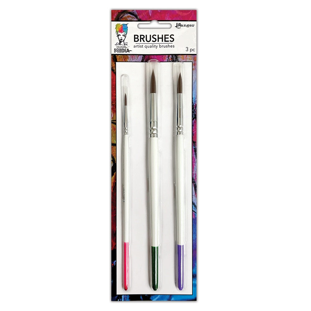 Round Paint Brushes - Soft Bristles ... by Dina Wakley MEdia. 3 (three) paintbrushes, size no.2, no.8, no.12 (one of each) for mixed media, painting, visual arts. Dina Wakley MEdia paint brushes are ideal to create with all kinds of mediums and paints including acrylics, inks, gesso and texture pastes. Use for variety of effects in visual arts, journaling, abstract artwork, mixed media and other crafty purposes.