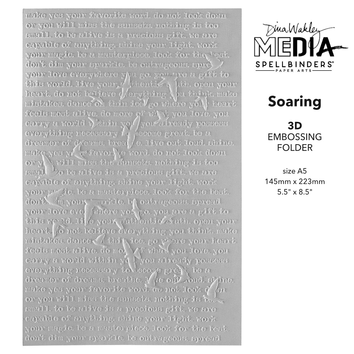 Soaring - 3D Embossing Folder ... designed by Dina Wakley. Part of the 'Collaged Birds' collection made by Spellbinders Paper Arts (no.E3D-123). This larger size featuring birds flying over typed text, is perfect for all excuses to create - from ATCs (artist trading cards) to A2, 5x7 and slimline (narrow tall) cards, as well as scrapbooking, bookmaking and journal layers (imagine this pattern as a book cover).
