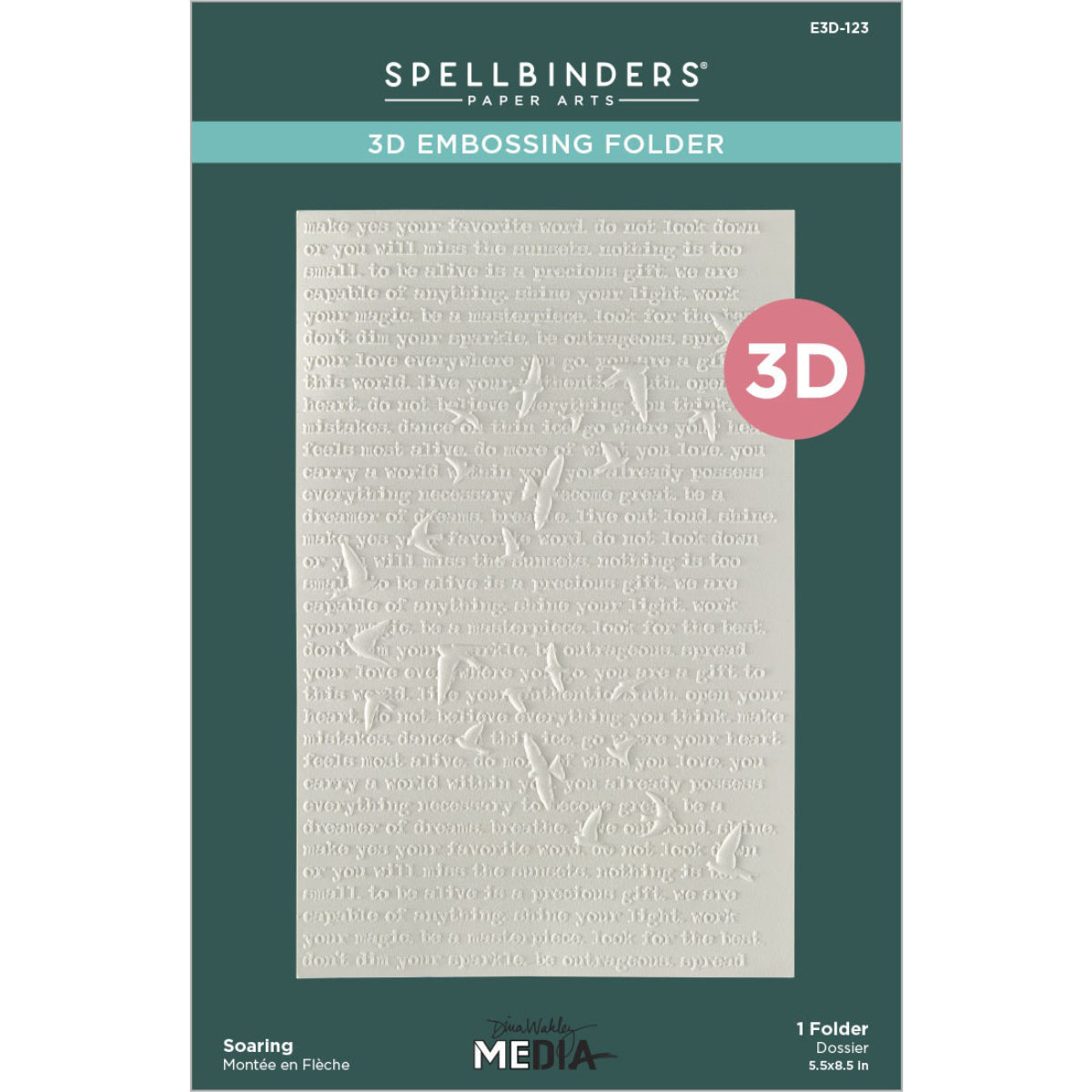 Soaring - 3D Embossing Folder ... designed by Dina Wakley. Part of the 'Collaged Birds' collection made by Spellbinders Paper Arts (no.E3D-123). This larger size featuring birds flying over typed text, is perfect for all excuses to create - from ATCs (artist trading cards) to A2, 5x7 and slimline (narrow tall) cards, as well as scrapbooking, bookmaking and journal layers (imagine this pattern as a book cover).