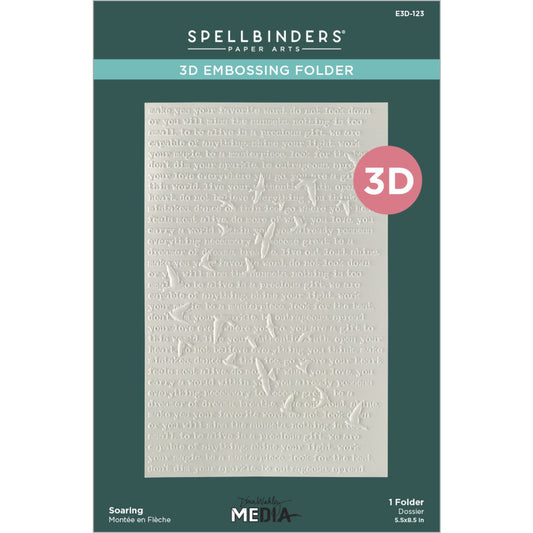 Soaring - 3D Embossing Folder ... designed by Dina Wakley. Part of the 'Collaged Birds' collection made by Spellbinders Paper Arts (no.E3D-123). This larger size featuring birds flying over typed text, is perfect for all excuses to create - from ATCs (artist trading cards) to A2, 5x7 and slimline (narrow tall) cards, as well as scrapbooking, bookmaking and journal layers (imagine this pattern as a book cover).