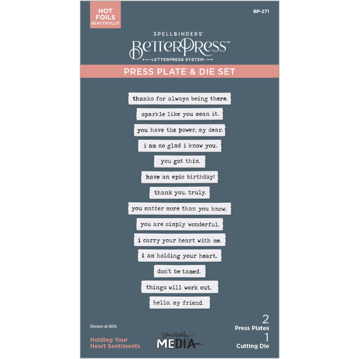 Holding Your Heart, Sentiments - BetterPress Press Plates and Dies ... designed by Dina Wakley. Part of the 'Collaged Birds' collection made by Spellbinders Paper Arts (no.BP-271). 
Fourteen (14) different heartfelt and mindful messages to say wonderful thoughts to yourself, your loved ones, family, friends, neighbours, strangers, everyone. Spread kindness far and wide throughout the world! Image of the pack cover.