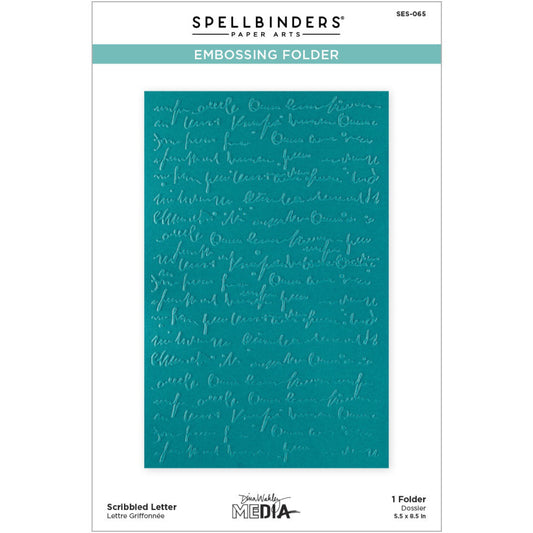 Scribbled Letter - Embossing Folder ... designed by Dina Wakley. Part of the 'Collaged Birds' collection made by Spellbinders Paper Arts (no.SES-065). The embossing folder is A5 in size (145mm x 223mm). A whole folder full of beautiful inky handwriting (written by a doctor because I can't read it), with what can only be guessed to say wonderful things about birds and feathers (because it is the Collaged Birds collection) in a heartfelt message (as Dina creates from and for her heart).