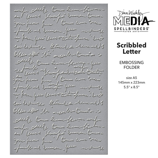Scribbled Letter - Embossing Folder ... designed by Dina Wakley. Part of the 'Collaged Birds' collection made by Spellbinders Paper Arts (no.SES-065). The embossing folder is A5 in size (145mm x 223mm). A whole folder full of beautiful inky handwriting (written by a doctor because I can't read it), with what can only be guessed to say wonderful things about birds and feathers (because it is the Collaged Birds collection) in a heartfelt message (as Dina creates from and for her heart).