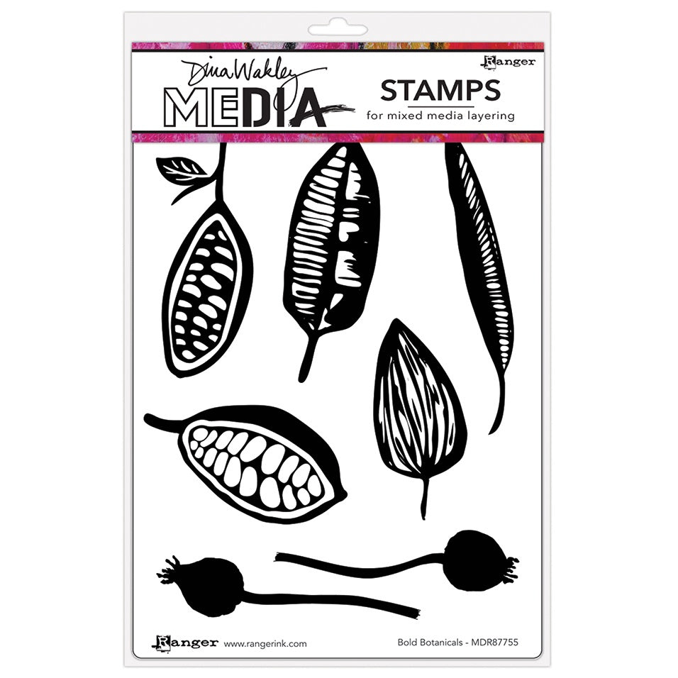 Bold Botanicals - Dina Wakley MEdia ... Cling Mounted Red Rubber Stamps in 6 (six) designs (MDR87755). Enjoy a wonderful crafty time using Dina's amazing stamps to create more art. Designed by Dina Wakley, this set includes seven leaves, pods, seedpods and buds in beautiful textured markings. Stamp sizes (approx) : stripy tear shaped leaf (middle right) is 1 3/8" x 3" long. Designed by Dina Wakley for Ranger, made by Stampers Anonymous.
