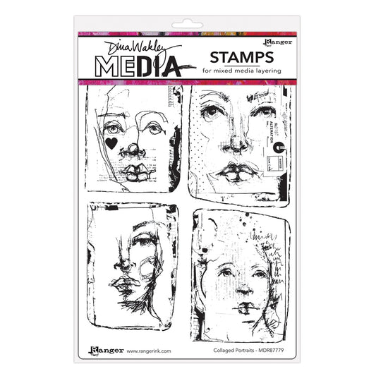 Collage Portraits - Dina Wakley MEdia ... Cling Mounted Red Rubber Stamps. Faces of people, each illustrated with creative marks, set within a frame. 4 (four) designs (MDR87779).
Illustrated by Dina in her wonderful authentic drawing style, each of these four faces has a rustic rectangular frame and various collage elements of text, spots, labels and painted marks.
