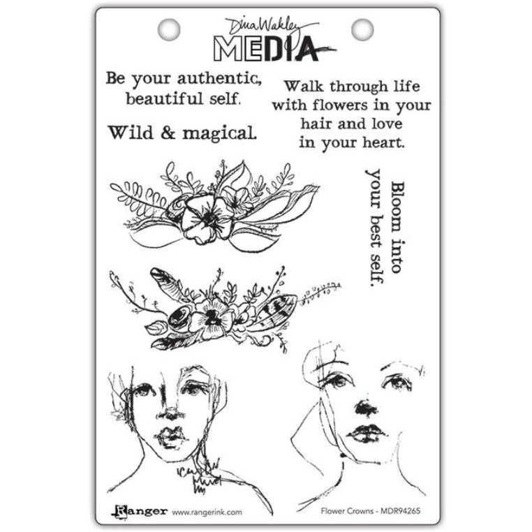 Flower Crowns - Dina Wakley MEdia ... Cling Mounted Red Rubber Stamps. Illustrations of magical quotes, two floral designs and two portraits. 8 (eight) designs (MDR94265).
Illustrated by Dina in her wonderful authentic drawing style, each of these designs are wonderful to use every day.
Bloom into your best self with these beautiful original designs.