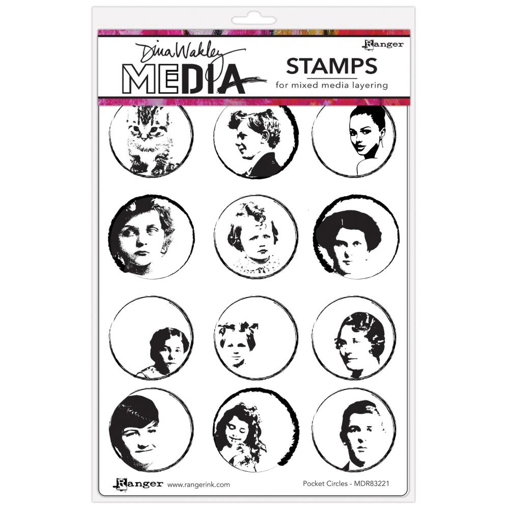 Pocket Circles - by Dina Wakley MEdia and Ranger ... cling foam mounted, red rubber stamps for endless creative possibilities. 12 (twelve) designs (MDR1G3FL). This set of original portraits by Dina Wakley features groovy people and a gorgeous kitten, each in an inky round ring waiting for you to use paper, collage and scissors with inks, paints and glues (or staples).